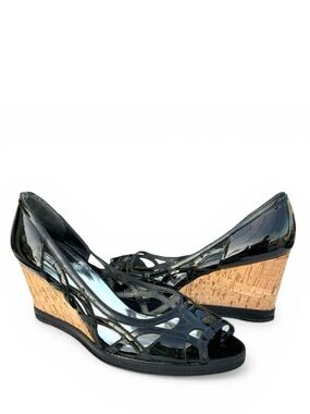 Stuart Weitzman Black Patent Sandals Leather Cut Out Cork Wedges Women’s